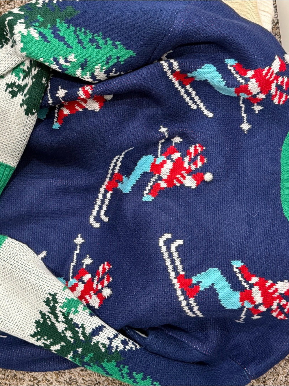 Navy Ski Scene Holiday Sweater with Red & Aqua Accents